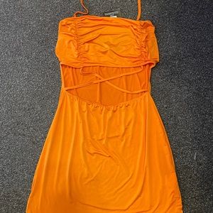 Orange Slinky Halterneck Gathered Cut Out Bodycon Dress